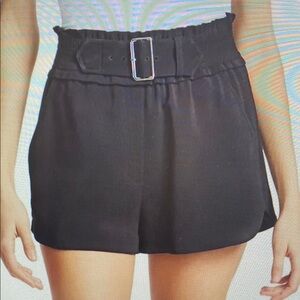 High-Waist Belted Paperbag Athletic Shorts - Black